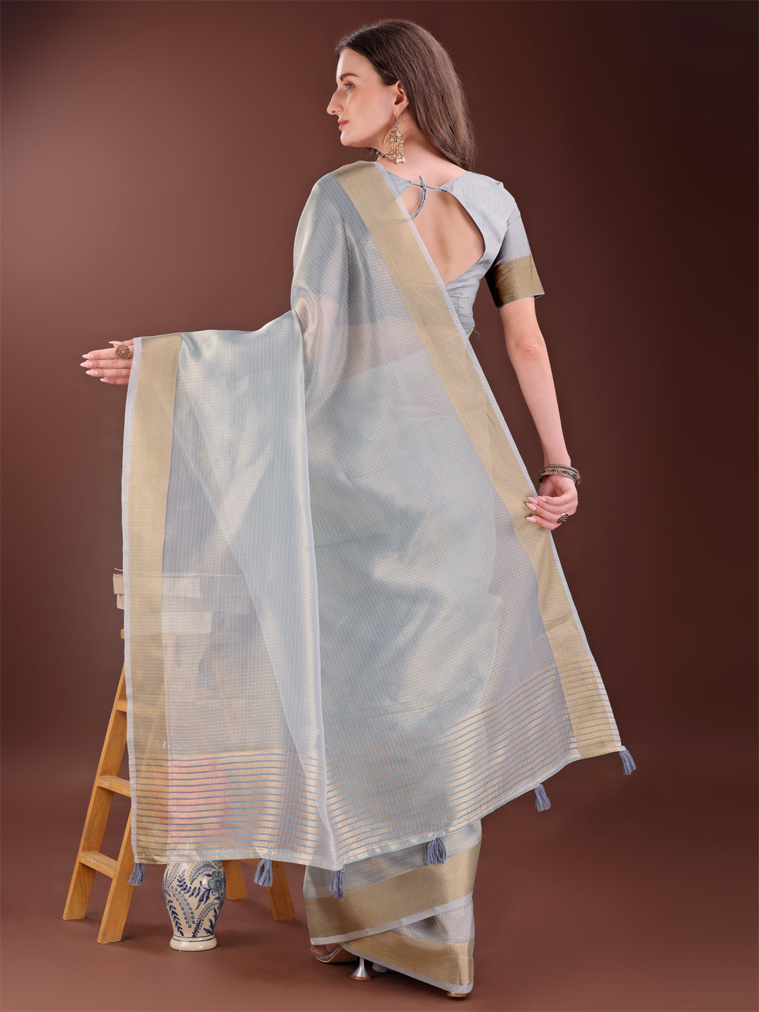 Astita Elegant Grey Organza Saree with Zari Border | Lightweight Transparent Saree with Blouse Piece for Festive & Daily Wear