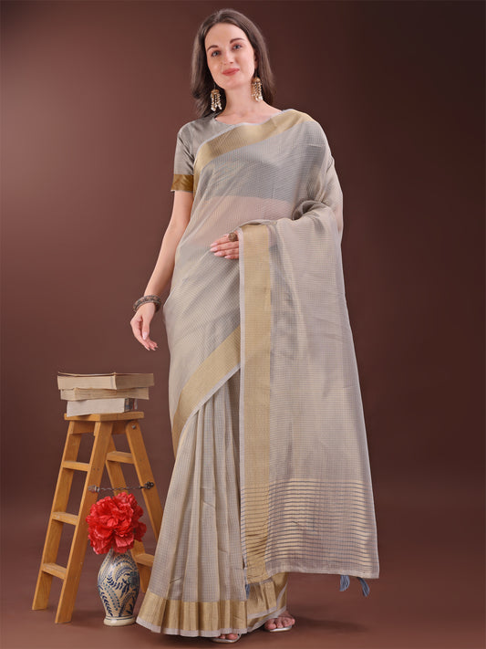 Astita Elegant Brown Organza Saree with Zari Border | Lightweight Transparent Saree with Blouse Piece for Festive & Daily Wear