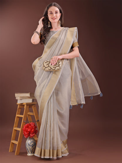 Astita Elegant Brown Organza Saree with Zari Border | Lightweight Transparent Saree with Blouse Piece for Festive & Daily Wear