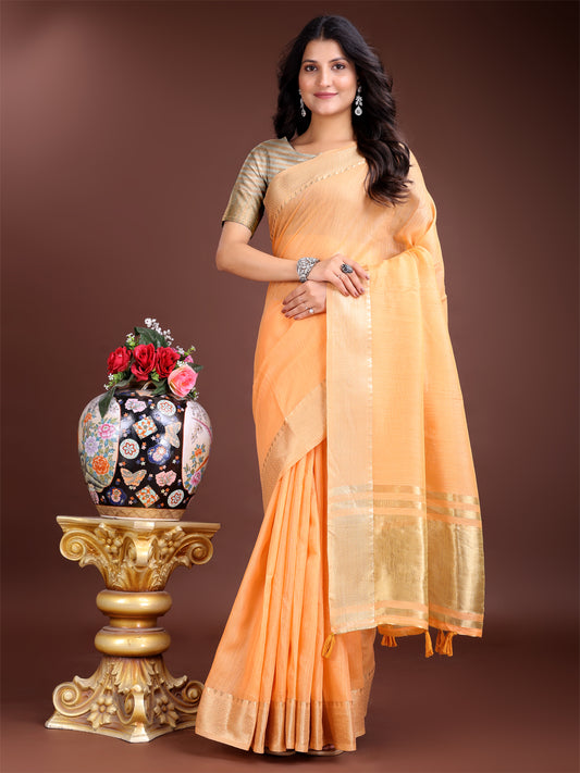 Astita Graceful Peach Cotton Saree for Women – Soft Handfeel Saree with Golden Zari Border & Elegant Pallu