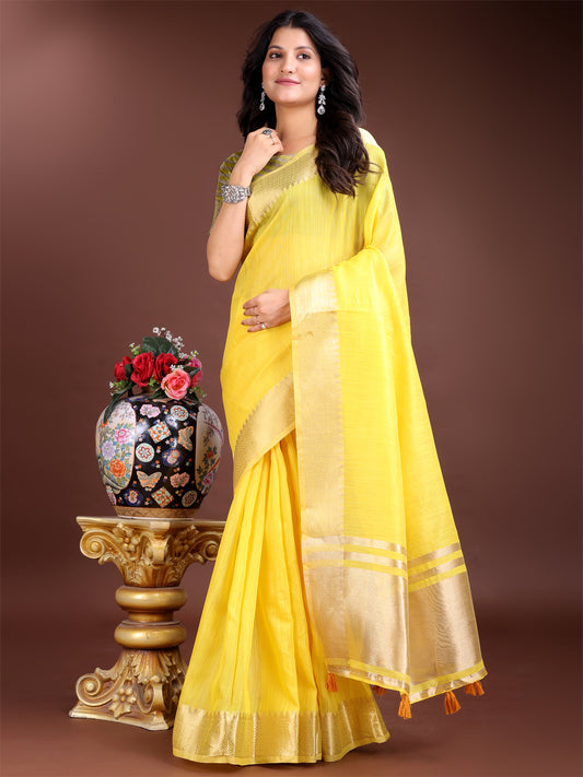 Astita Graceful Yellow Cotton Saree for Women – Soft Handfeel Saree with Golden Zari Border & Elegant Pallu