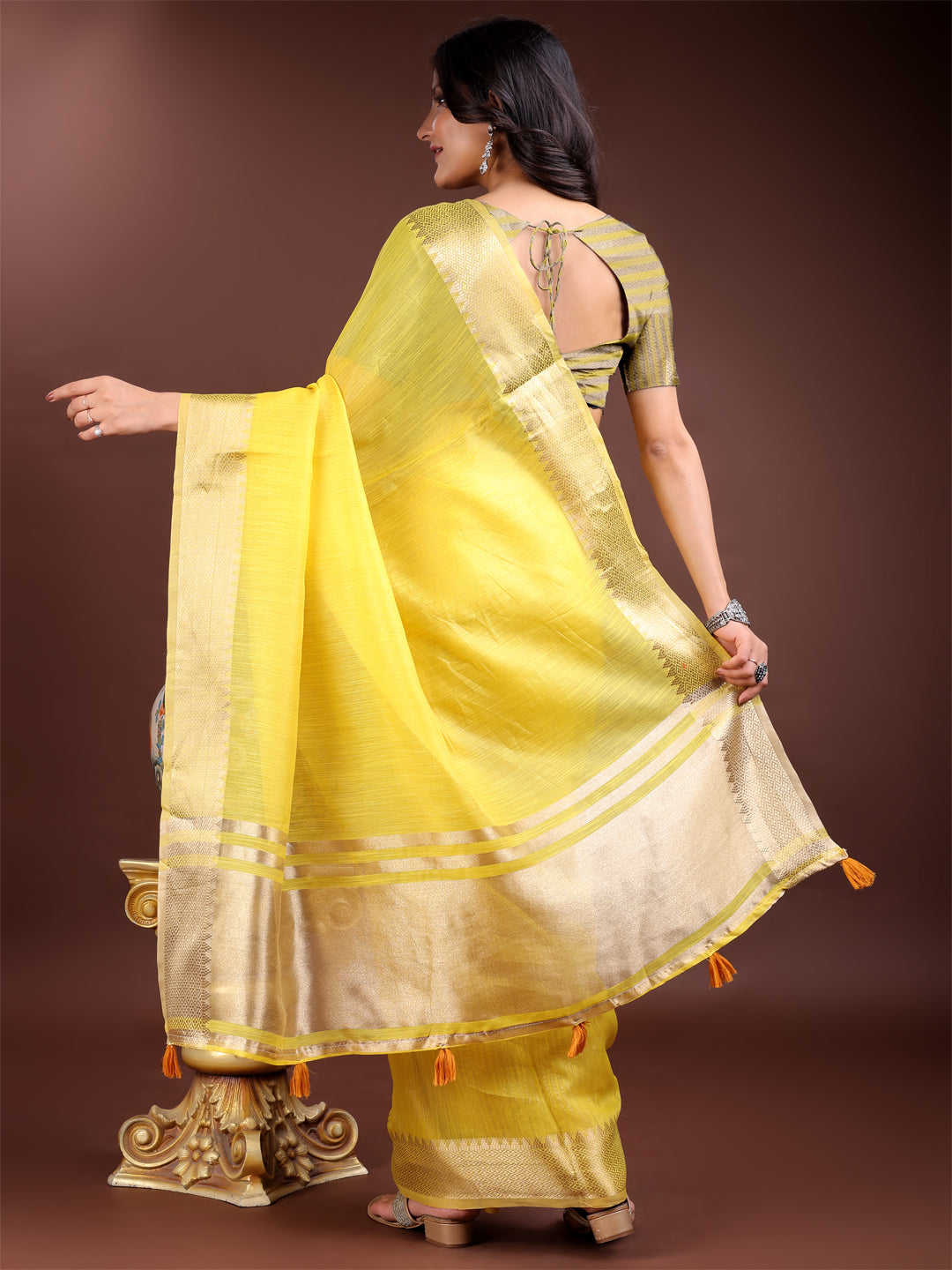 Astita Graceful Yellow Cotton Saree for Women – Soft Handfeel Saree with Golden Zari Border & Elegant Pallu