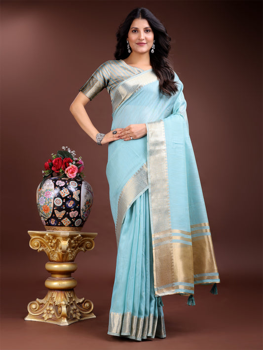 Astita Graceful Sky Blue Cotton Saree for Women – Soft Handfeel Saree with Golden Zari Border & Elegant Pallu