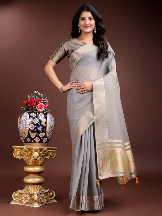 Astita Graceful Grey Cotton Saree for Women – Soft Handfeel Saree with Golden Zari Border & Elegant Pallu