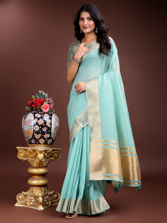 Astita Graceful Sea Green Cotton Saree for Women – Soft Handfeel Saree with Golden Zari Border & Elegant Pallu