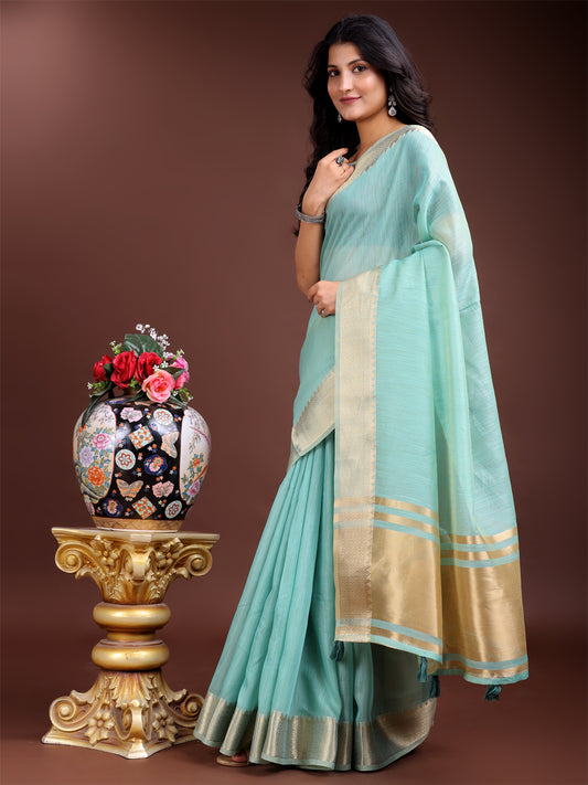 Astita Graceful Sea Green Cotton Saree for Women – Soft Handfeel Saree with Golden Zari Border & Elegant Pallu