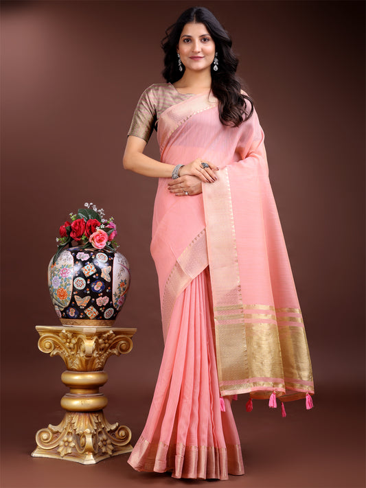 Astita Graceful Pink Cotton Saree for Women – Soft Handfeel Saree with Golden Zari Border & Elegant Pallu