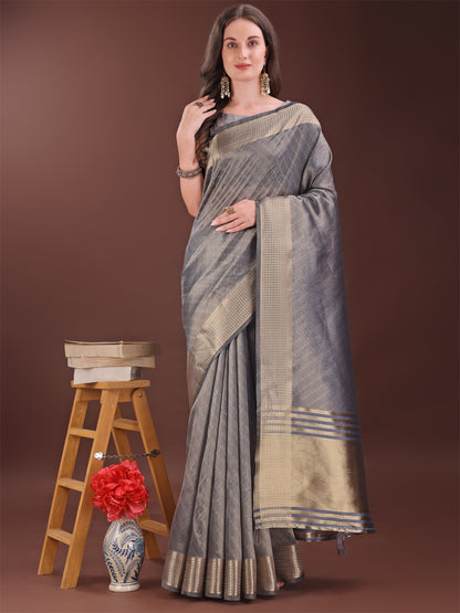 Astita Graceful Grey Organza Saree with Rich Golden Zari Border | Elegant Party Wear Saree with Blouse Piece