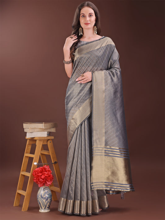 Astita Graceful Grey Organza Saree with Rich Golden Zari Border | Elegant Party Wear Saree with Blouse Piece
