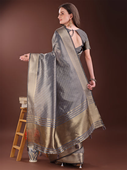 Astita Graceful Grey Organza Saree with Rich Golden Zari Border | Elegant Party Wear Saree with Blouse Piece