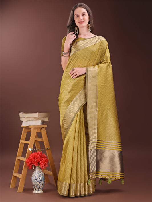 Astita Graceful Mustard Organza Saree with Rich Golden Zari Border | Elegant Party Wear Saree with Blouse Piece