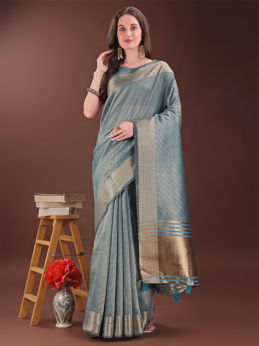 Astita Graceful Sea Green Organza Saree with Rich Golden Zari Border | Elegant Party Wear Saree with Blouse Piece