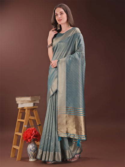 Astita Graceful Sea Green Organza Saree with Rich Golden Zari Border | Elegant Party Wear Saree with Blouse Piece
