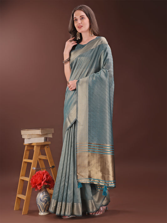 Astita Graceful Sea Green Organza Saree with Rich Golden Zari Border | Elegant Party Wear Saree with Blouse Piece