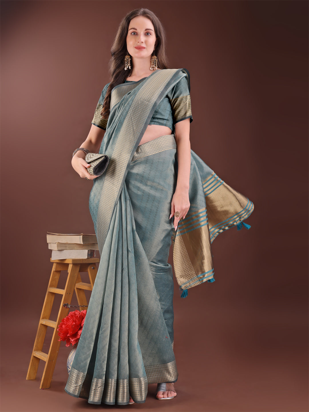 Astita Graceful Sea Green Organza Saree with Rich Golden Zari Border | Elegant Party Wear Saree with Blouse Piece