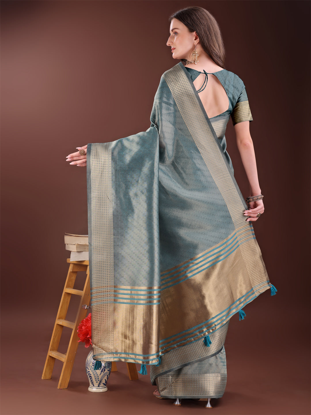 Astita Graceful Sea Green Organza Saree with Rich Golden Zari Border | Elegant Party Wear Saree with Blouse Piece
