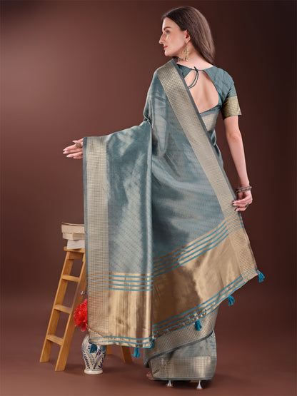 Astita Graceful Sea Green Organza Saree with Rich Golden Zari Border | Elegant Party Wear Saree with Blouse Piece