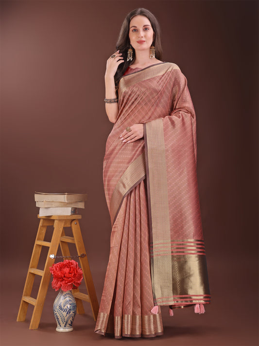 Astita Graceful Peach Organza Saree with Rich Golden Zari Border | Elegant Party Wear Saree with Blouse Piece