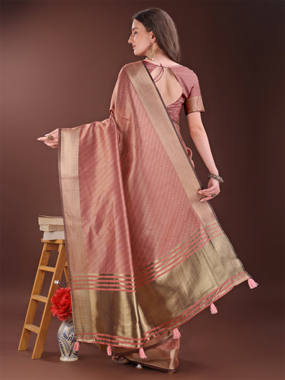 Astita Graceful Peach Organza Saree with Rich Golden Zari Border | Elegant Party Wear Saree with Blouse Piece