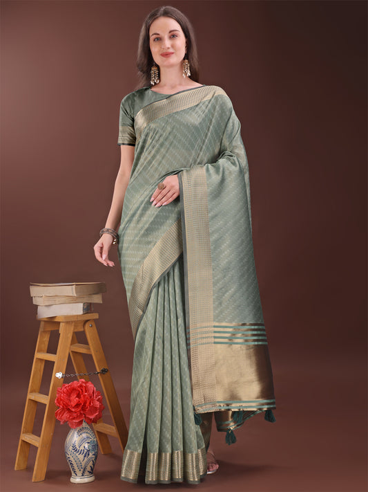 Astita Graceful Green Organza Saree with Rich Golden Zari Border | Elegant Party Wear Saree with Blouse Piece