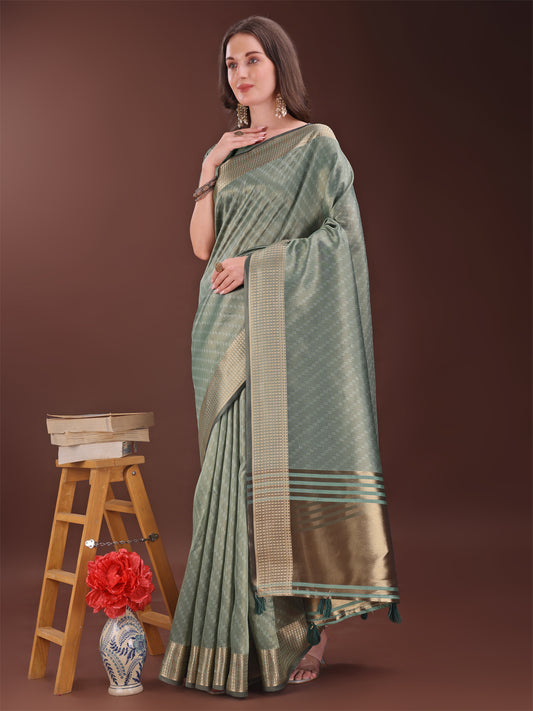 Astita Graceful Green Organza Saree with Rich Golden Zari Border | Elegant Party Wear Saree with Blouse Piece