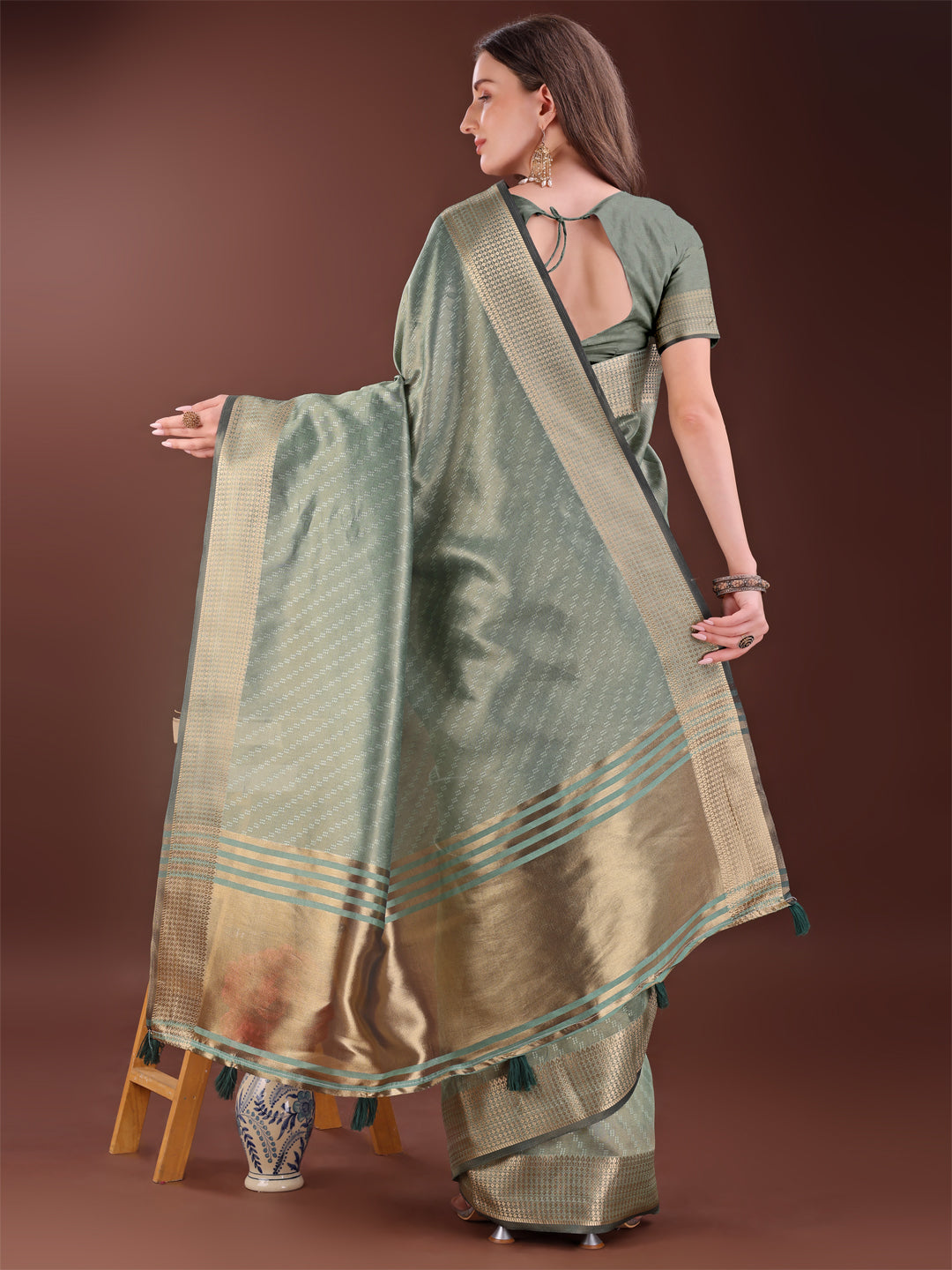 Astita Graceful Green Organza Saree with Rich Golden Zari Border | Elegant Party Wear Saree with Blouse Piece