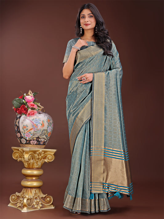 Astita Teal Blue Organza Saree with Golden Zari Border | Elegant Soft Lightweight Party Wear Saree with Blouse
