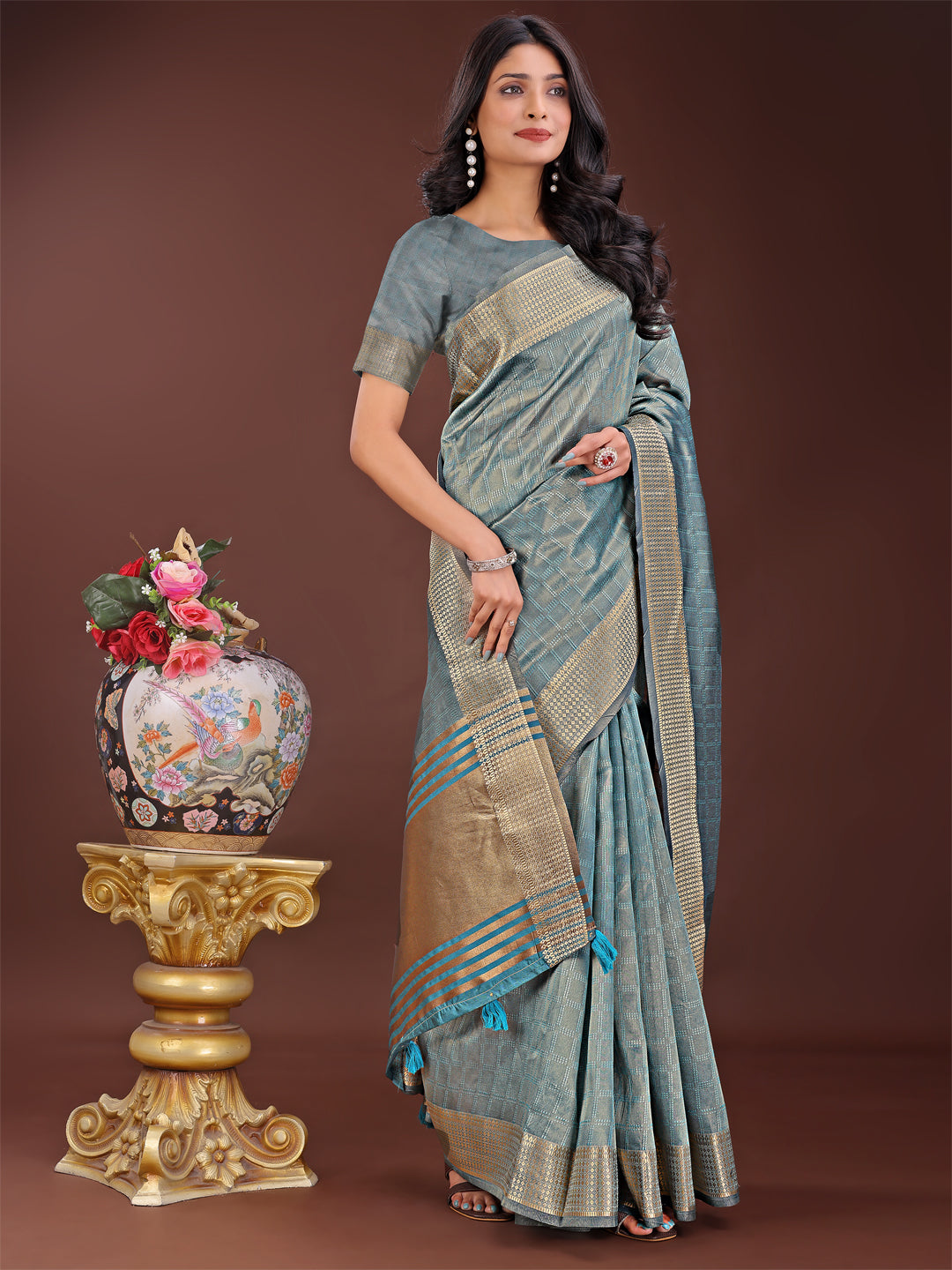 Astita Teal Blue Organza Saree with Golden Zari Border | Elegant Soft Lightweight Party Wear Saree with Blouse