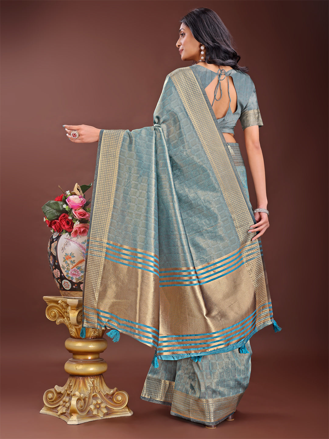 Astita Teal Blue Organza Saree with Golden Zari Border | Elegant Soft Lightweight Party Wear Saree with Blouse