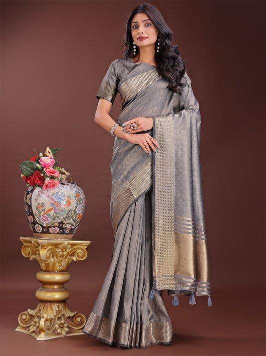 Astita Grey Organza Saree with Golden Zari Border | Elegant Soft Lightweight Party Wear Saree with Blouse