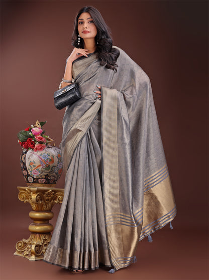 Astita Grey Organza Saree with Golden Zari Border | Elegant Soft Lightweight Party Wear Saree with Blouse
