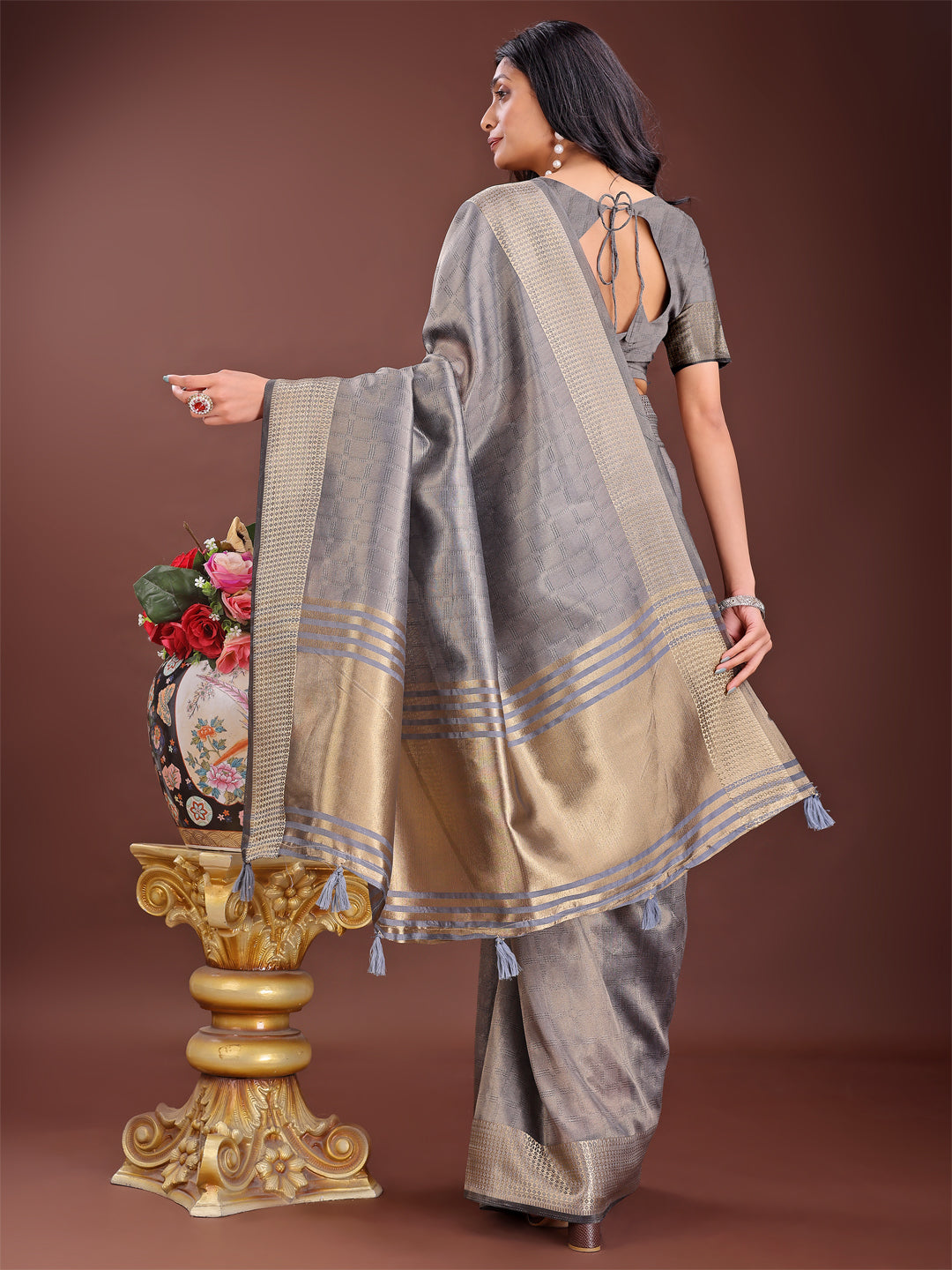 Astita Grey Organza Saree with Golden Zari Border | Elegant Soft Lightweight Party Wear Saree with Blouse
