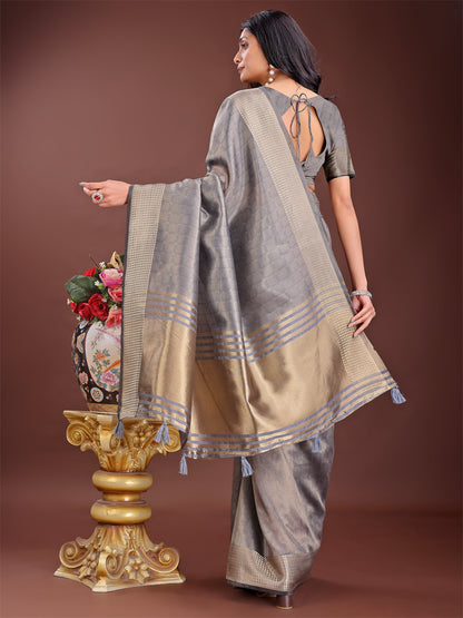 Astita Grey Organza Saree with Golden Zari Border | Elegant Soft Lightweight Party Wear Saree with Blouse