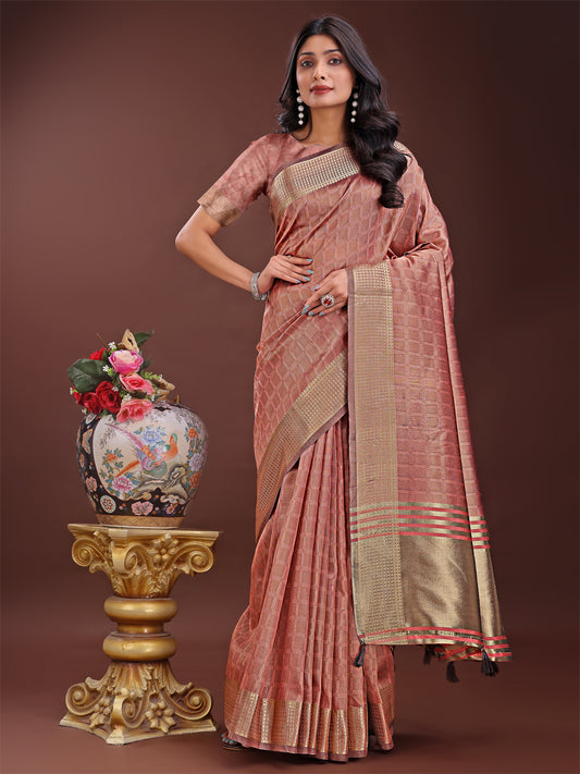 Astita Peach Organza Saree with Golden Zari Border | Elegant Soft Lightweight Party Wear Saree with Blouse