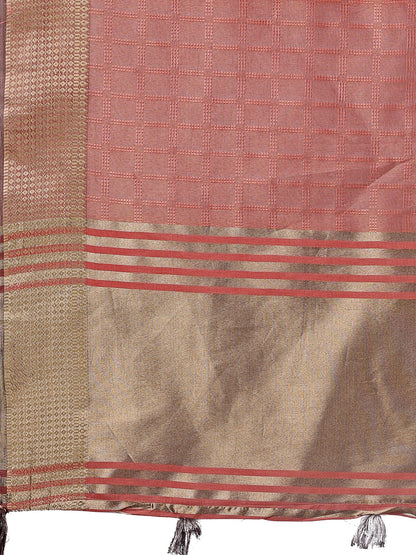 Astita Peach Organza Saree with Golden Zari Border | Elegant Soft Lightweight Party Wear Saree with Blouse