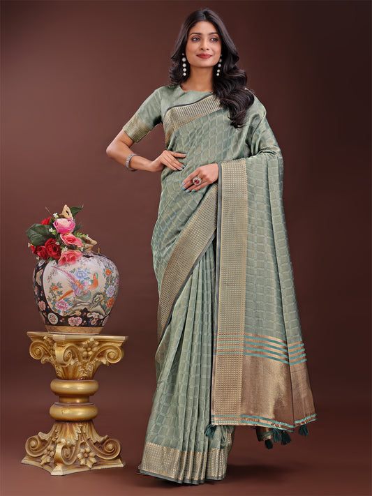 Astita Light Green Organza Saree with Golden Zari Border | Elegant Soft Lightweight Party Wear Saree with Blouse