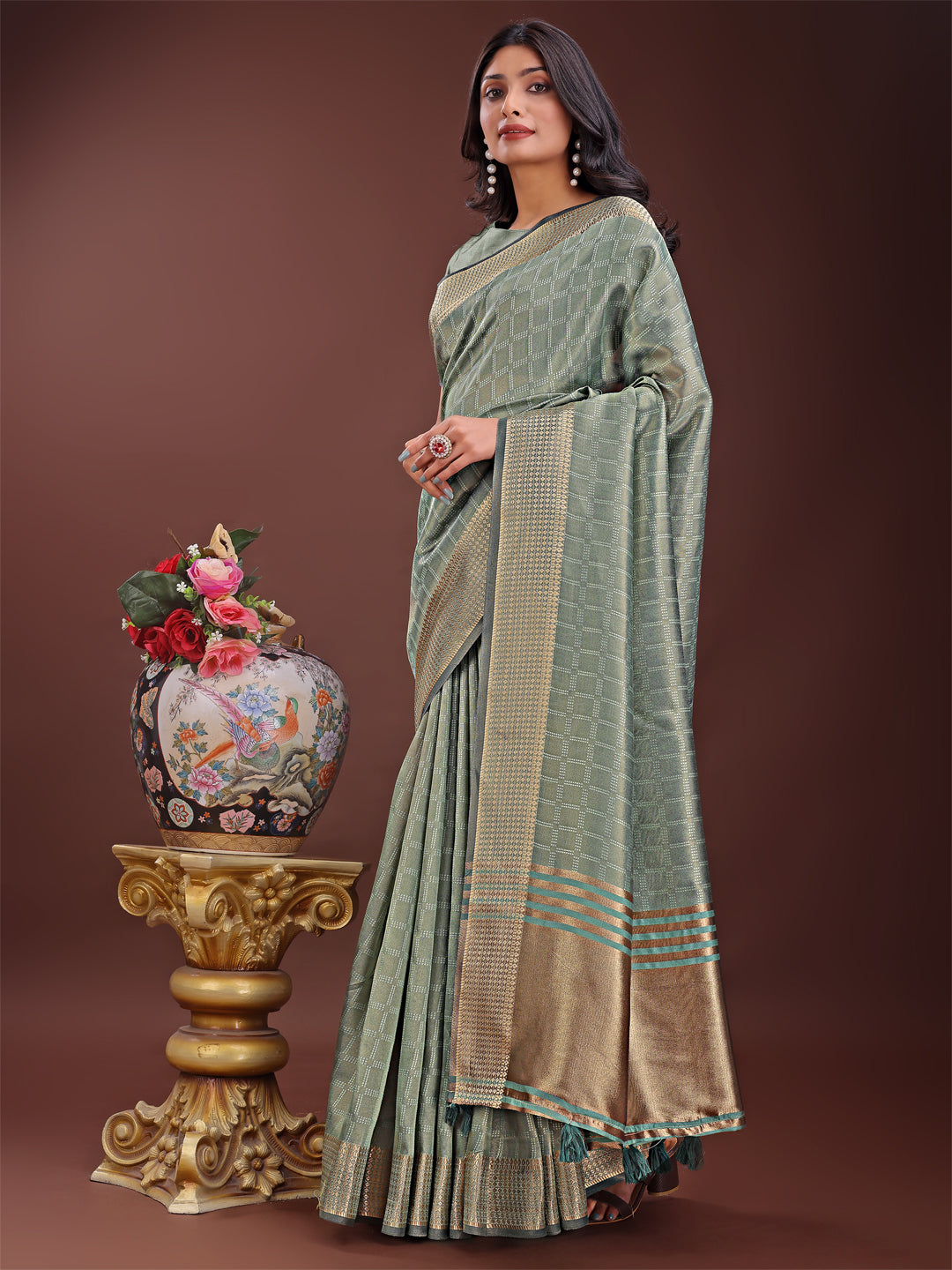 Astita Light Green Organza Saree with Golden Zari Border | Elegant Soft Lightweight Party Wear Saree with Blouse