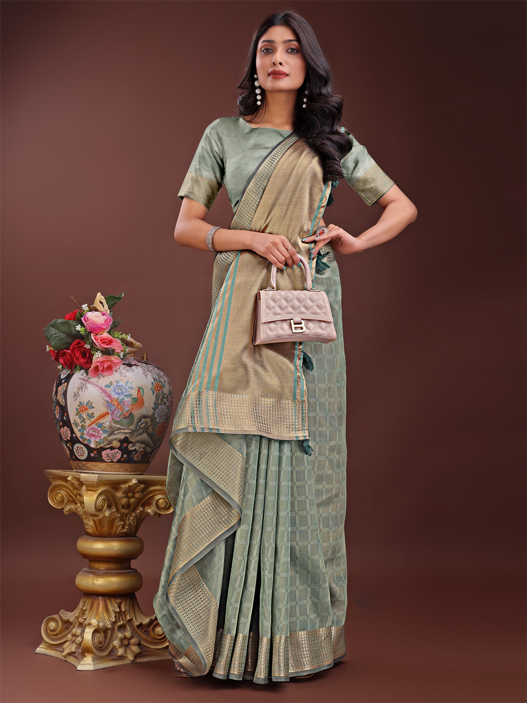 Astita Light Green Organza Saree with Golden Zari Border | Elegant Soft Lightweight Party Wear Saree with Blouse