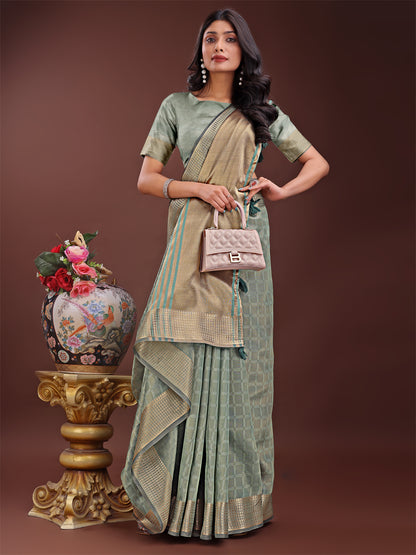 Astita Light Green Organza Saree with Golden Zari Border | Elegant Soft Lightweight Party Wear Saree with Blouse
