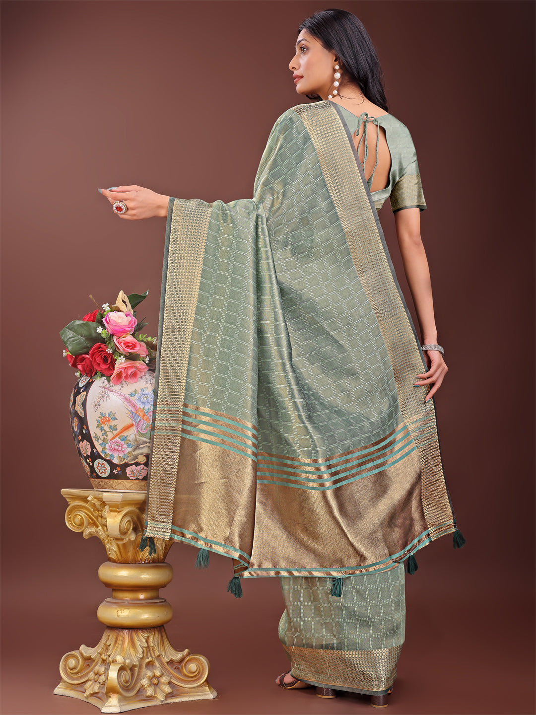 Astita Light Green Organza Saree with Golden Zari Border | Elegant Soft Lightweight Party Wear Saree with Blouse