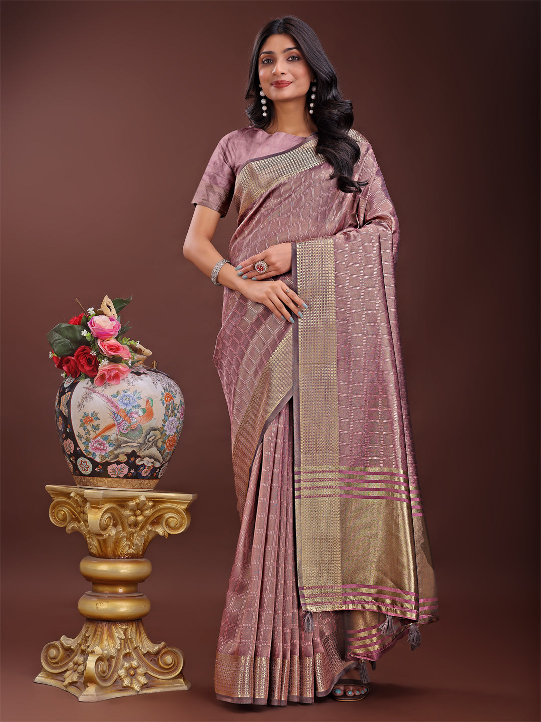 Astita Magenta Organza Saree with Golden Zari Border | Elegant Soft Lightweight Party Wear Saree with Blouse