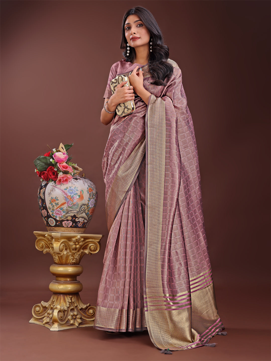 Astita Magenta Organza Saree with Golden Zari Border | Elegant Soft Lightweight Party Wear Saree with Blouse