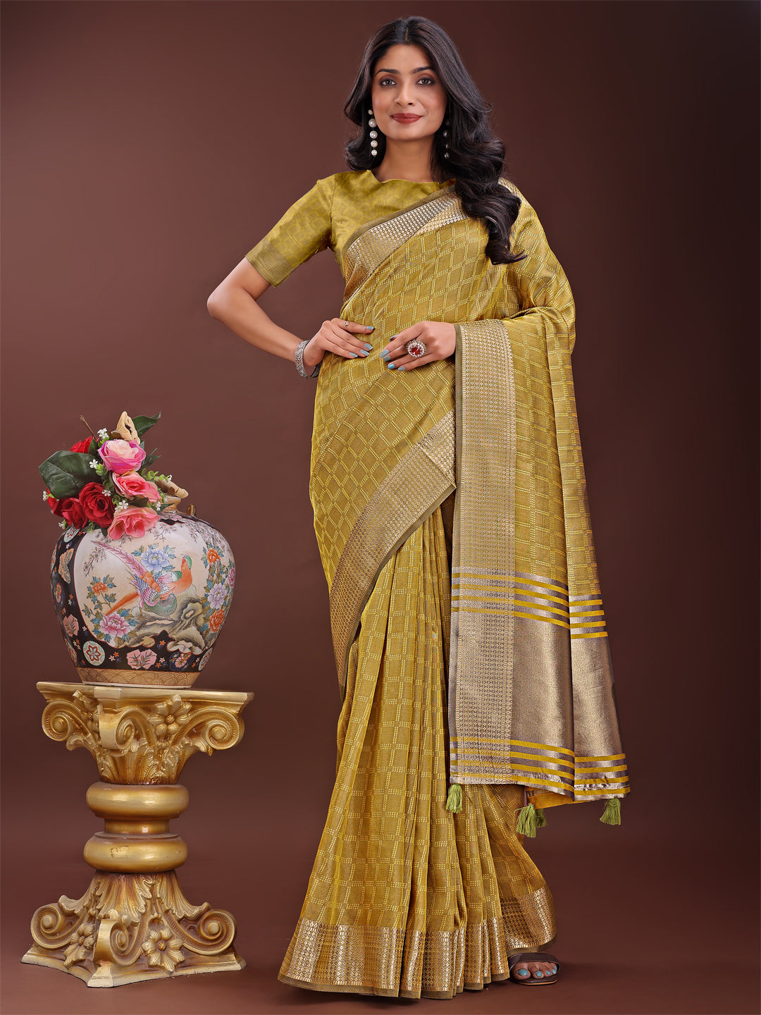 Astita Mustrad Organza Saree with Golden Zari Border | Elegant Soft Lightweight Party Wear Saree with Blouse