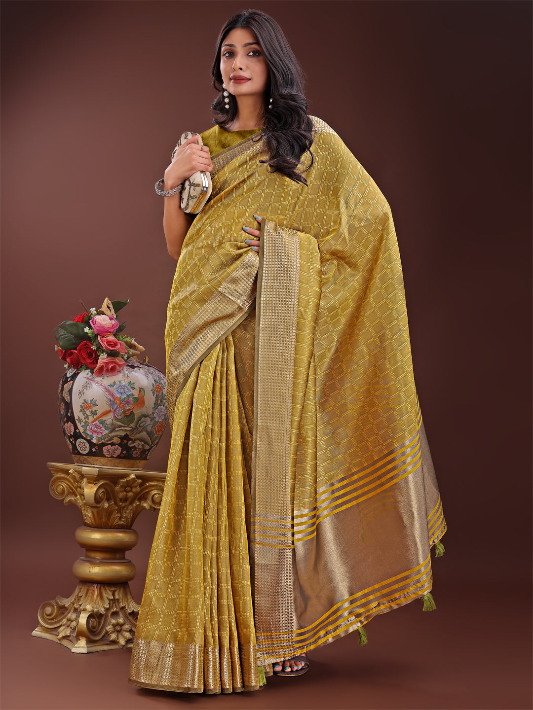 Astita Mustrad Organza Saree with Golden Zari Border | Elegant Soft Lightweight Party Wear Saree with Blouse