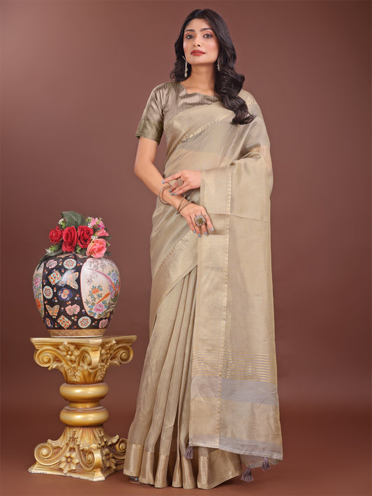Astita Elegant Beige Linen Saree with Golden Zari Border & Rich Pallu | Soft Drape | Festive & Office Wear