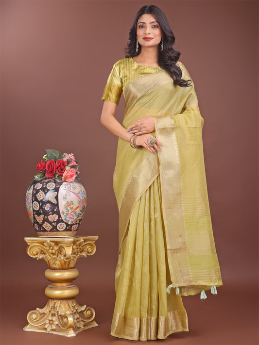 Astita Elegant Mhendi Green Linen Saree with Golden Zari Border & Rich Pallu | Soft Drape | Festive & Office Wear
