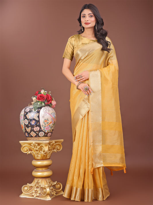 Astita Elegant Yellow Linen Saree with Golden Zari Border & Rich Pallu | Soft Drape | Festive & Office Wear