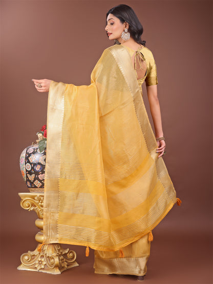 Astita Elegant Yellow Linen Saree with Golden Zari Border & Rich Pallu | Soft Drape | Festive & Office Wear