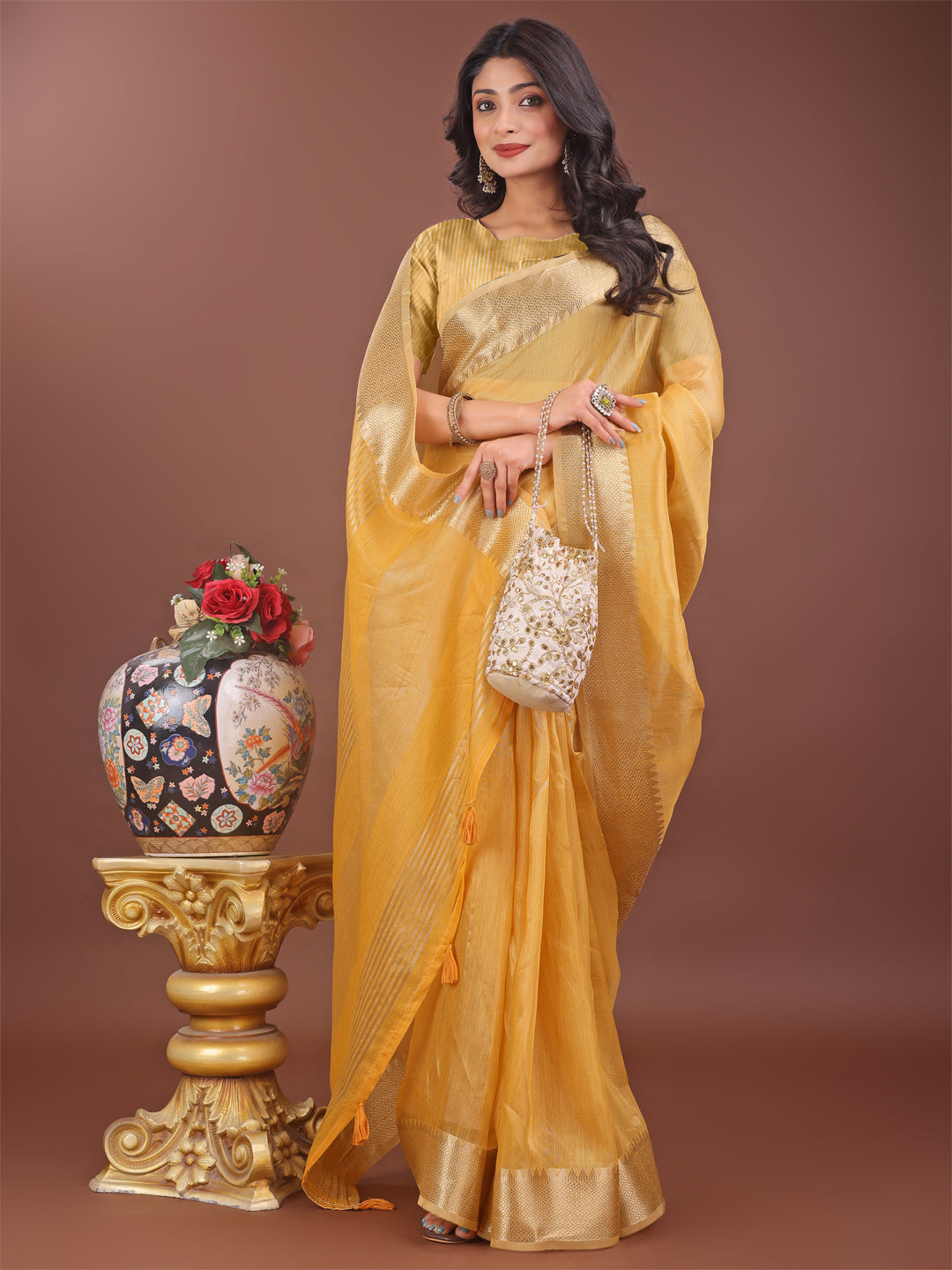 Astita Elegant Yellow Linen Saree with Golden Zari Border & Rich Pallu | Soft Drape | Festive & Office Wear