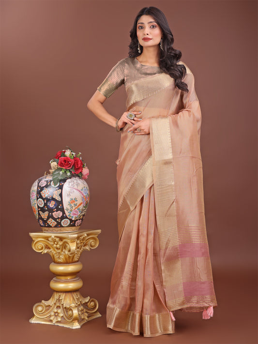 Astita Elegant Peach Linen Saree with Golden Zari Border & Rich Pallu | Soft Drape | Festive & Office Wear